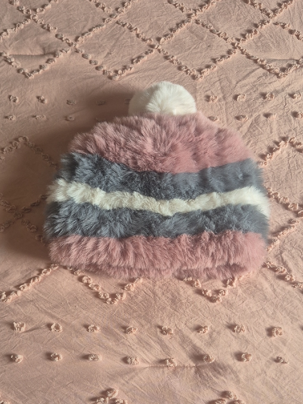 Faux Fur Kids Pom Pom Beanie in Pink, Gray & Cream